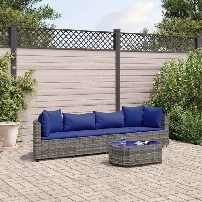 vidaXL Salon de jardin 5 pcs avec coussins gris résine tressée ensemble de canapés dextérieur canapé dangle de jardin 3308375