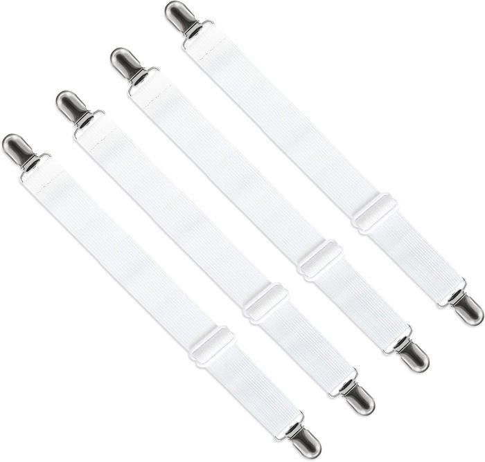 Tendeur Drap Housse Réglable (65cm à 200cm) Fixation Attache Sangle de Maintien Ajustable (Blanc Lot de 4)