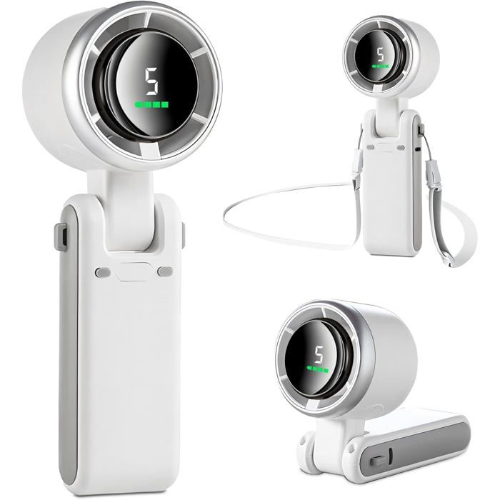 Ventilateur Portable - Blanc - 5 Vitesses - 6000mAh - 12 Heures dAutonomie - Moteur Sans Balais - Telinex