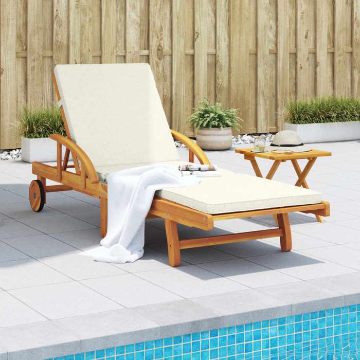 JLL*TOP - Chaise longue - Bain de soleil - avec coussin - et table bois dacacia massif LLL259