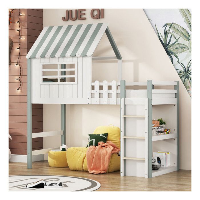 Lit mezzanine 90 x 200 cm avec sommier à lattes Lit enfant avec échelle de sécurité Lit 1 Personne Lit en bois Vert