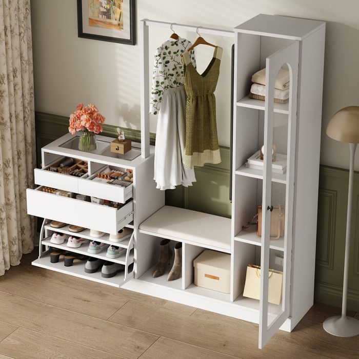 Vestiaire dentrée avec banc à chaussures et éclairage LED Meuble a chaussures avec penderie Meuble entree 6 en 1 163x35x161 cm