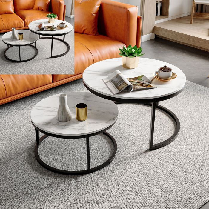 Table basse - Lot de 2 - Dans les nuages - Style Moderne - Blanc et Noir - table de salon - Ronde - Motif marbré
