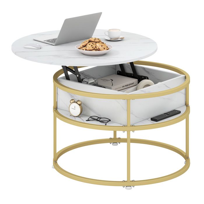GIANTEX Table Basse Ronde Scandinave - Plateau Relevable Effet Marbre - Cadre en Métal - Compartiment Caché - Chambre Salon