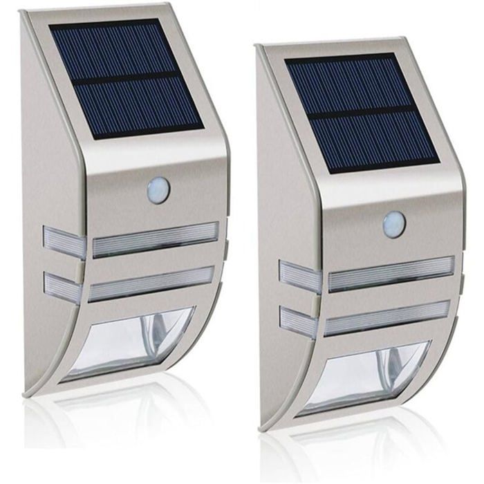 Lot de 2 appliques murales solaires LED : inox étanche capteur mouvement 90° grand angle jardin/terrasse/chemin extérieur