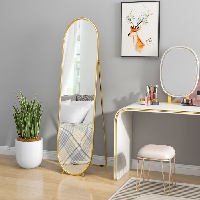 Grand miroir sur pied, miroir ovale, cadre en métal doré, avec support pour entrée, chambre