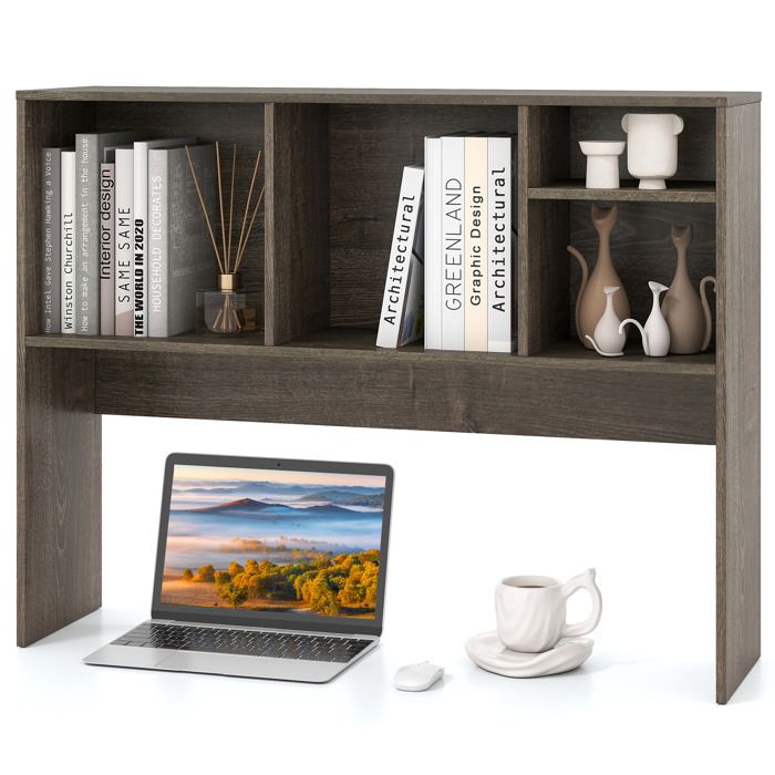 COSTWAY Bibliothèque à Poser sur Table Etagère de Rangement de Comptoir 4 Compartiments et Compartiment Arrière Ouvert Gris
