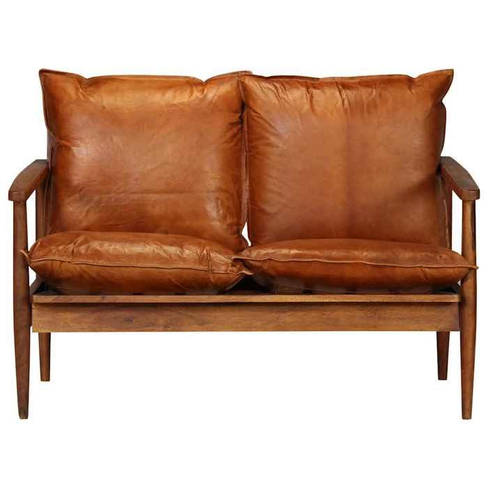 Canapé 2 places en cuir véritable - SOLOMOON - 116x69x74 cm - Marron - Bois dacacia - Finition couleur miel