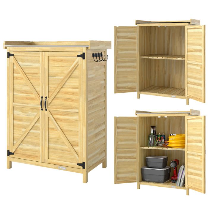 Armoire de jardin - Outsunny - étagère et crochets plan de travail en métal galvanisé - bois - 715x39x95cm - bois naturel