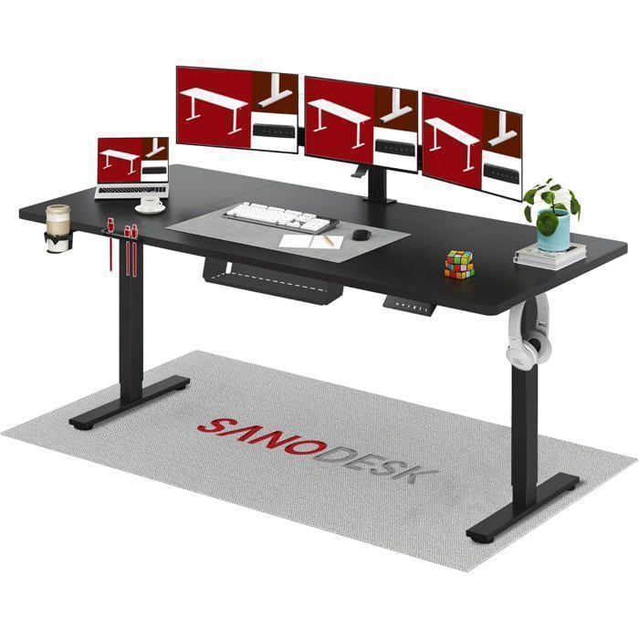 SANODESK Bureau Assis Debout Électrique 200x80cm avec Système Anti-Collision et Fonctions Mémoires Crochet/Porte-gobelet Noir