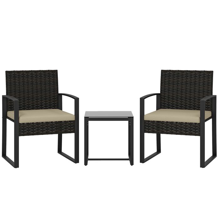 Salon de jardin extérieur - Outsunny - 2 personnes - table de jardin et 2 chaises - plateau en verre trempé - résine - marron