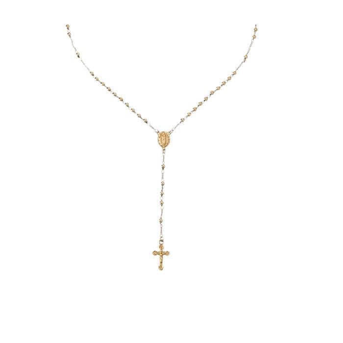 Nazareth Store Chapelet Plaqué Or 18K avec Médaille Notre-Dame de Guadalupe Crucifix Perles 4 mm Bijou Religieux Femme