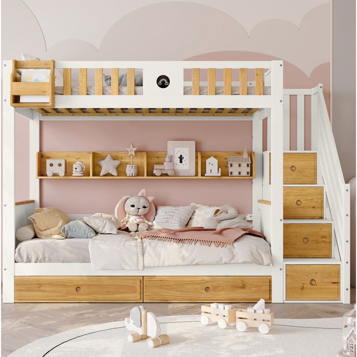Lit superposé enfant avec escalier de rangement ardoise étagères et tiroirs blanc et naturel