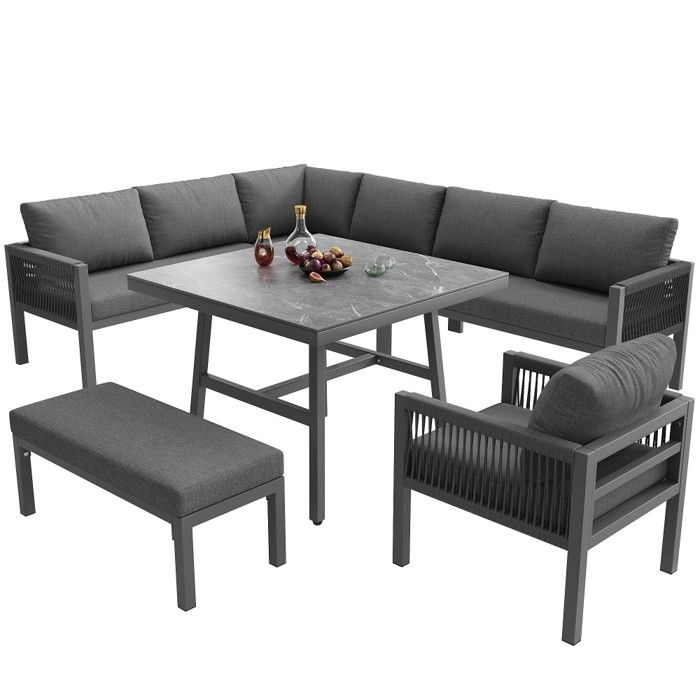 Salon Jardin Canapé Angle L Tressé 8 Places Fer Robuste Coussins Gris Table Verre 2 Fauteuils Résistant Intempéries 118x61x80cm Salon Jardin Canapé Angle L Tressé 8 Places Fer Robuste Coussins Gris Table Verre 2 Fauteuils Résistant Intempéries 118x61x80cm