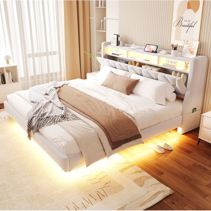 Lit double rembourré 180 × 200 cm beige avec LED rangements et prises