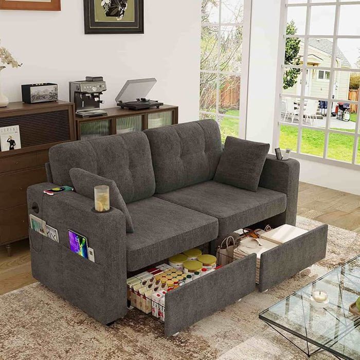 Canapé Multifonctionnel Gris – 2 Tiroirs 2 Porte-Verres Port USB Poche Rangement – 2 Places pour Salon Chambre gris CANAPE