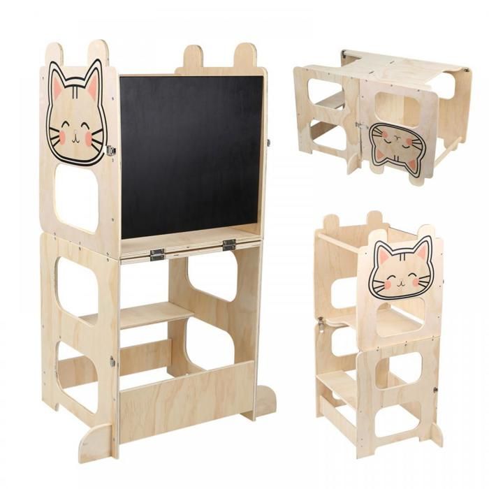 Tour dapprentissage pour Enfants Montessori 3 en 1 Tour dobservation Pliable Tabouret Enfant avec Tableau Noir 12+ Mois Chat