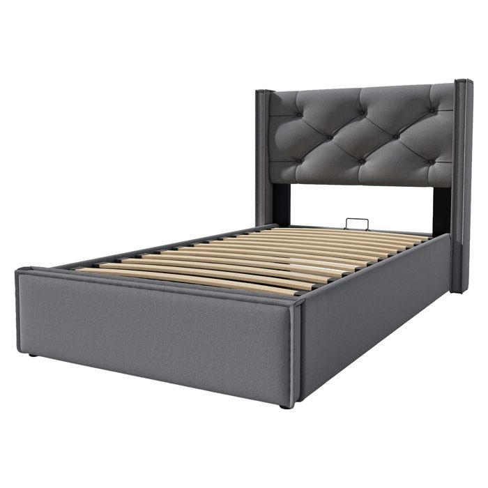 Lit coffre 90x200 hydraulique en tissu gris avec rangement et sommier métal