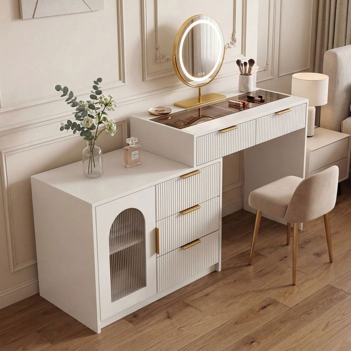 Coiffeuse extensible 90-160x40x75 cm avec plateau en verre miroir LED 3 modes et rangements - MDF blanc