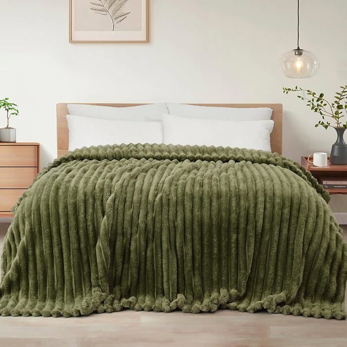 Coure Polaire Plaid Canapé en Rayé Coure de Lit Super Douce en Jacqu Léger 150 x 200 cm Vert Olive