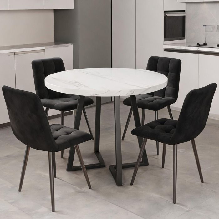 Plateau mat MDF ensemble repas cuisine 5 pièces design contemporain table ronde 80 cm avec 4 chaises en velours