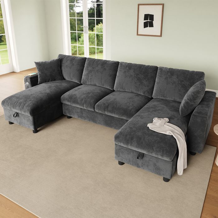 Canapé dangle 2 places en forme de U 284 x 135 x 84 cm deux méridiennes avec rangement 1 port USB 1 port USB-C chenille gris Canapé dangle 2 places en forme de U 284 x 135 x 84 cm deux méridiennes avec rangement 1 port USB 1 port USB-C chenille gris