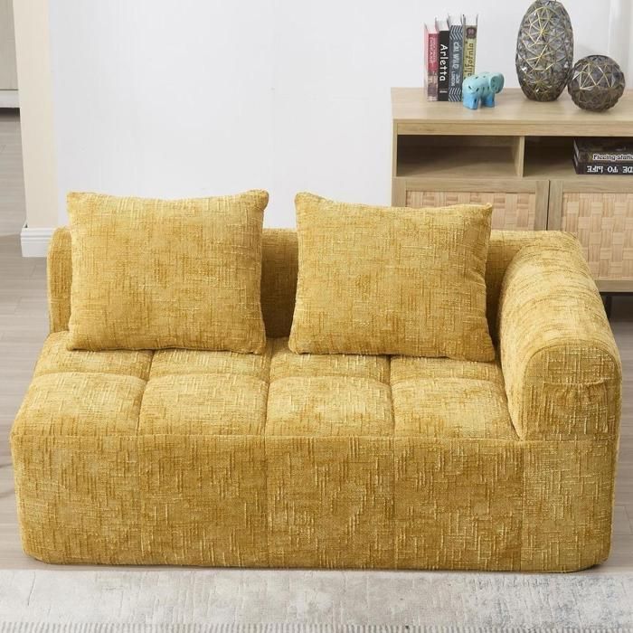 Canapé 2 places - KOMHTOM - 158x90x60cm - Chenille jaune - Livré monté - Poche latérale et coussin Canapé 2 places - KOMHTOM - 158x90x60cm - Chenille jaune - Livré monté - Poche latérale et coussin