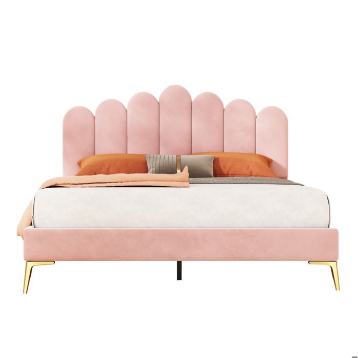Lit 140x200 cm en velours rose sommier à lattes inclus et tête de lit usage adulte ado ou invité