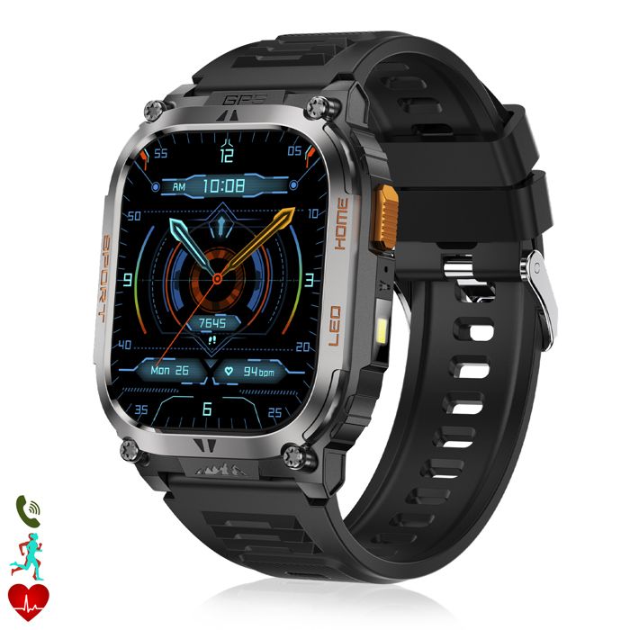 DAM Smartwatch QX18 appels bluetooth GPS + 4 systèmes de localisation lampe de poche plus de 170 modes de sport. Noir