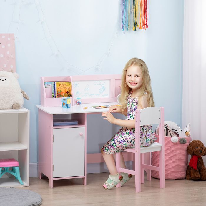 Bureau enfant en bois avec chaise 90 x 45 x 85 cm rose organisateur et tableau blanc dès 5 ans