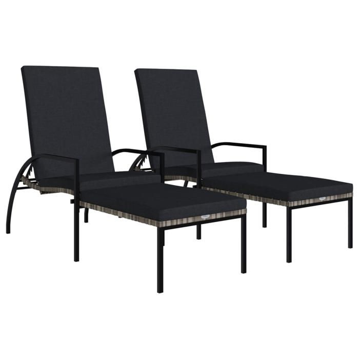 Lot de 2 chaises longues avec repose-pieds - vidaXL - Bains de soleil - résine tressée - gris - 195 x 60 x 55-102 cm - Imperméable