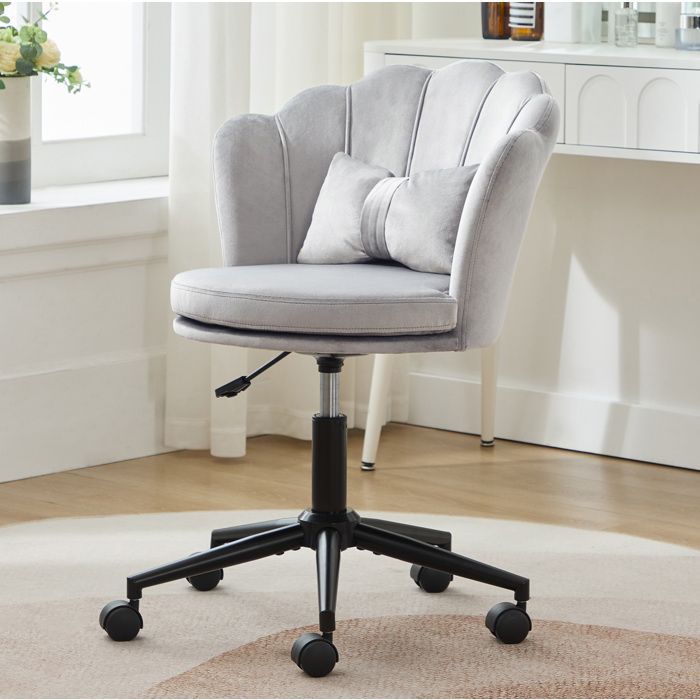 WUVRIE Chaise de bureau grise en velours réglable en hauteur pivotante 360° avec roulettes
