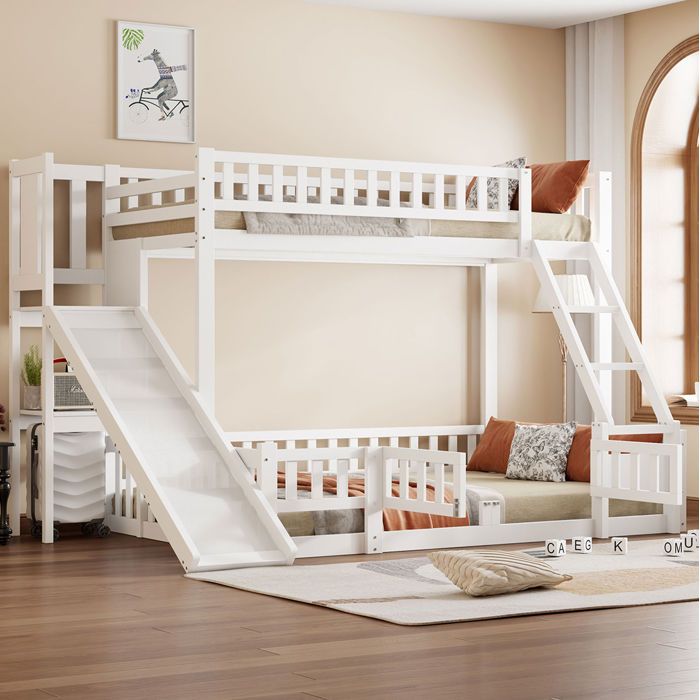 COVREO Lit superposé enfant 90x200 et 140x200 cm avec toboggan échelle rangements pin et MDF blanc
