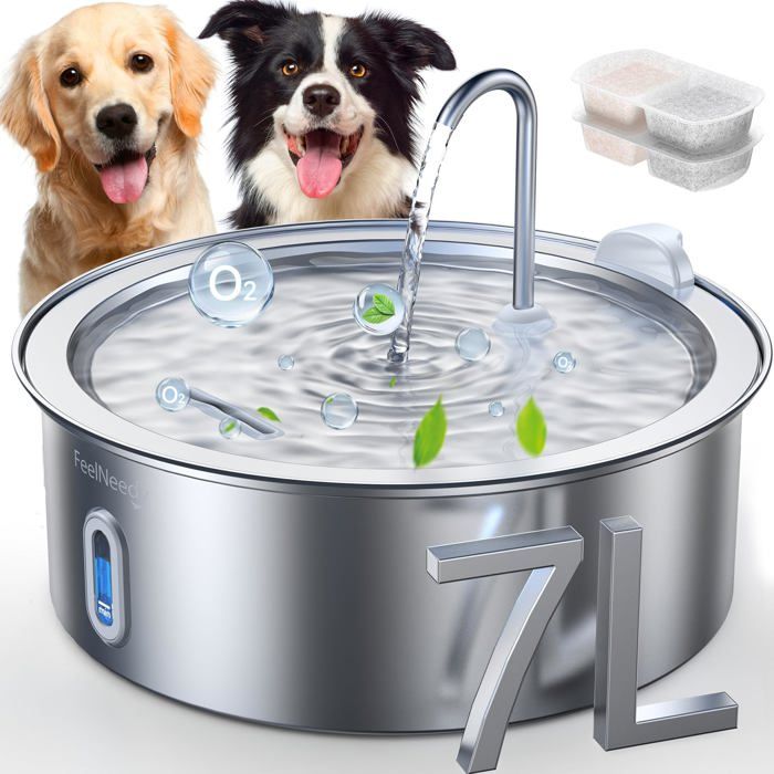 7L Fontaine à Eau Chien en Acier Inoxydable Fontaine à Eau Chat avec 2 Filtres Multi-Filtration Facile à Neter FONTAINE A EAU