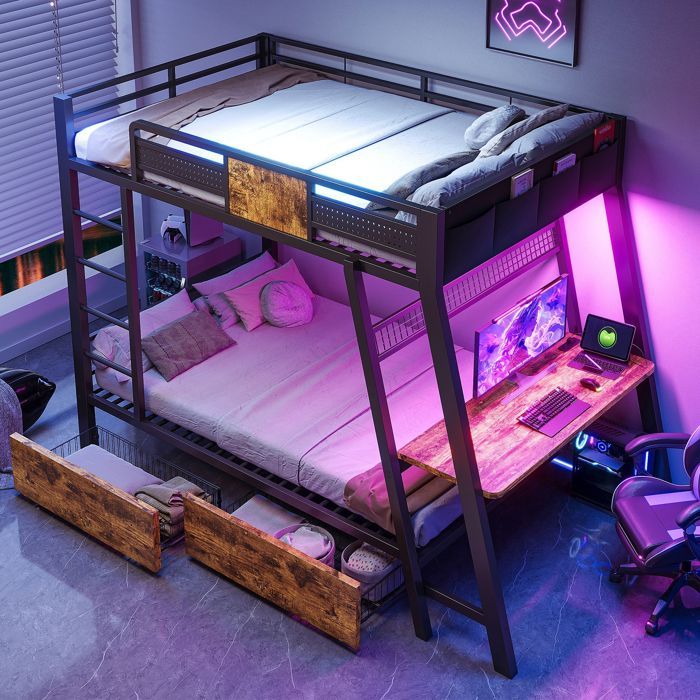 Lit superposé 90×200cm lit double avec table en prises ports USB et Type-C lit enfant bande LED lit en fer avec 2 tiroirsnoir