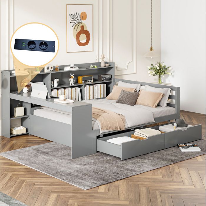 Lit combiné 140 x 200 cm en bois massif gris avec bureau intégré bibliothèque étagères 2 tiroirs et prise USB