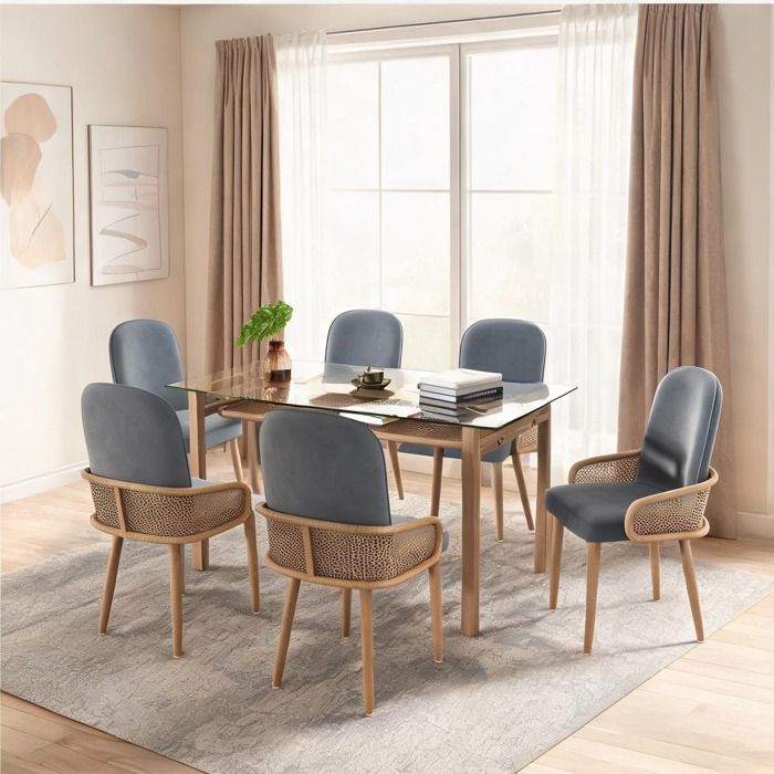 Chaise design cannage en velours gris doux lot de 6 piétement métal effet bois assise fixe