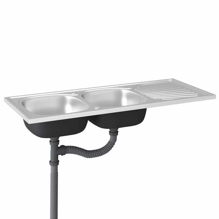 Évier de cuisine à double lavabo Argenté 1200x500x155 mm Inox_2 ans garantie_11912