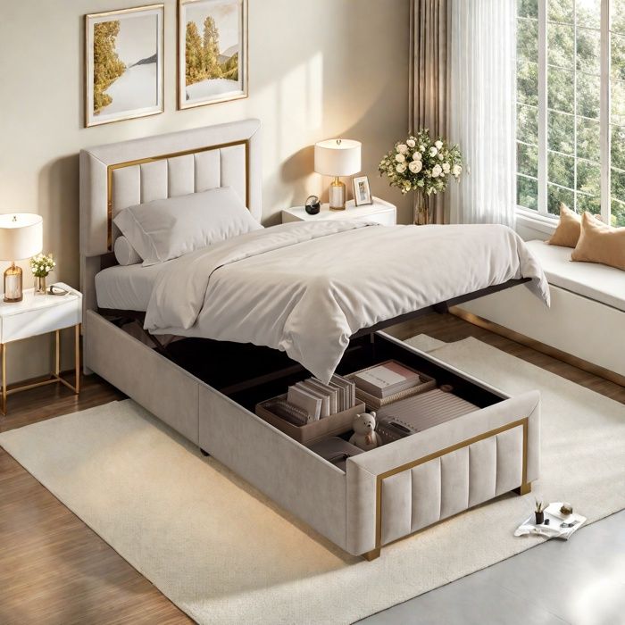 Lit coffre - URBANLUXE - 90x200 cm - Velours beige - Tête capitonnée réglable - Rangement hydraulique