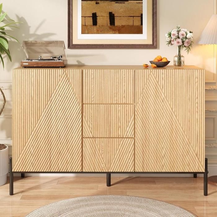 Buffet bas - KOMHTOM - 115 5x40x76cm - Bois massif - Portes géométriques 3D - Tiroir central