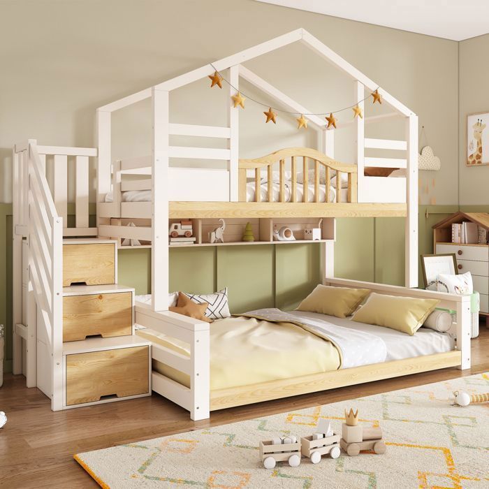 Lit superposé pour enfants 90/140x200 cm modèle cabane blanc+bois naturel avec escalier étagères de rangement et accès sécurisé