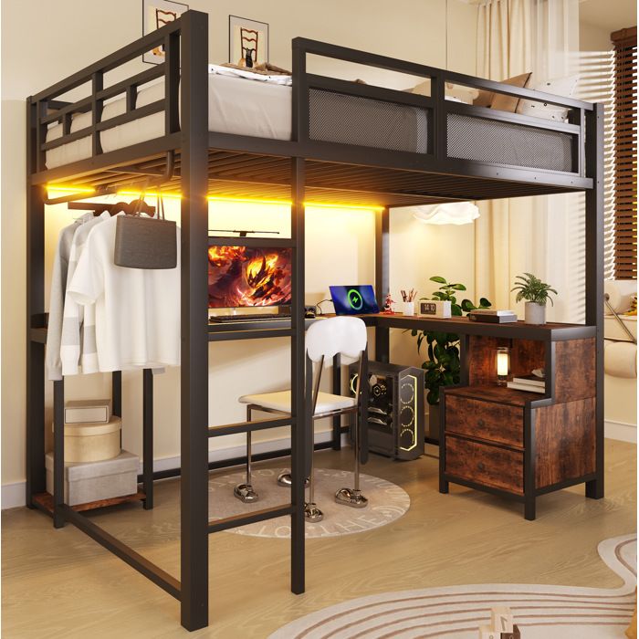 ELVORIN Lit mezzanine 140 x 200 cm métal noir LED intégrée port USB bureau intégré rangements et style industriel