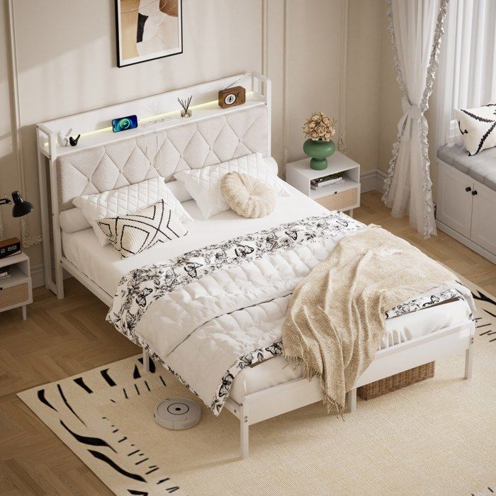 WUVRIE Sommier 140x190 cm avec tête de lit rembourrée LED station de charge blanc
