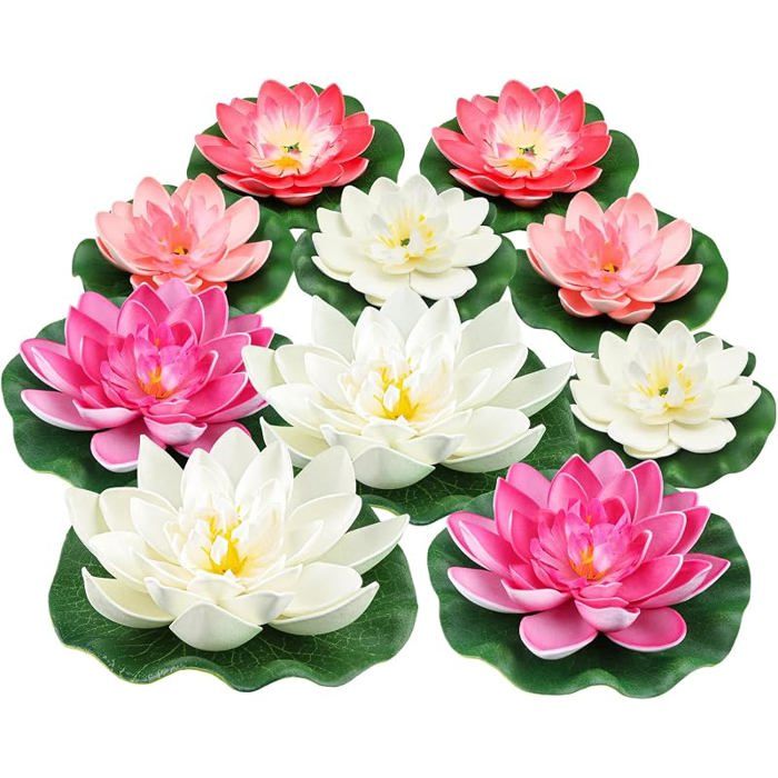 Lot de 10 pièces 3 tailles de fleurs de lotus flottantes artificielles en mousse avec ornements de nénuphar pour rose et blanc
