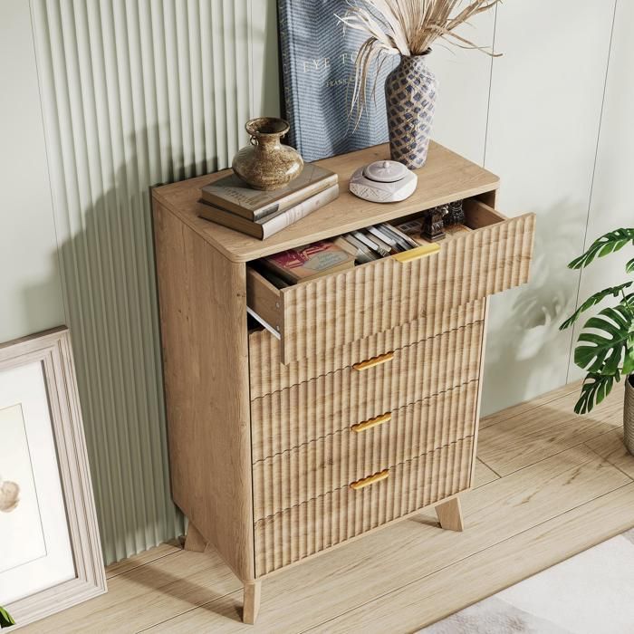 Commode 5 Tiroirs - 73x40x108cm - Chiffonnier en Bois avec Façades Ondulées Poignées Dorées & Pieds Massifs - Chêne