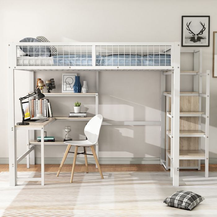 Lit Mezzanine 140x200 avec Bureau et Armoire Lit Surélevé Métal Blanc 2 Places avec Rangements pour Adulte Gain de Place