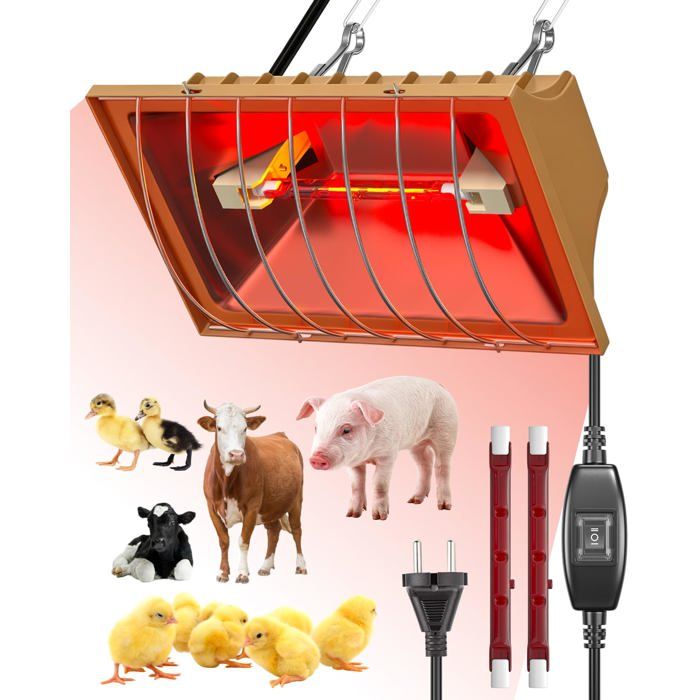 Lampe chauffante pour chiot et poussin - 275 W 2 lampes R7s chaîne réglable et câble de 3 m