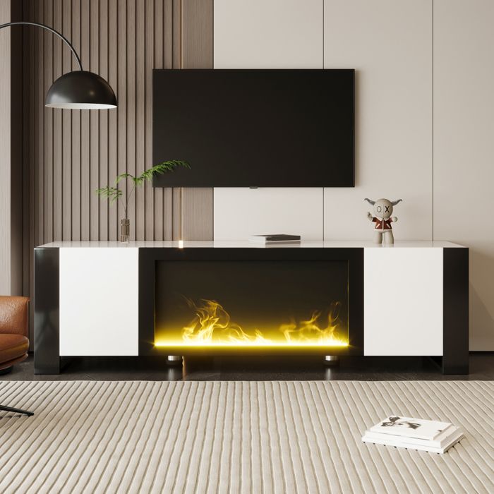 Meuble TV avec cheminée électrique décorative blanc et noir brillant pour téléviseur de 50 à 59 pouces
