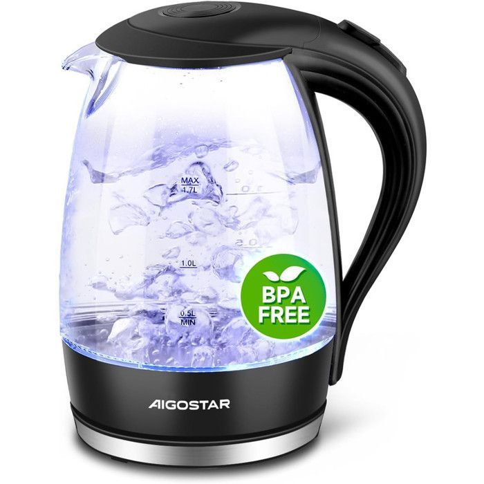 Bouilloire électrique 2200W en cristal sans BPA et avec illumination LED 1.7 litres.de protection contre lébullition à sec.