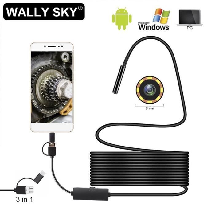 10m Endoscope USB 3 en 1 Type C HD, câble étanche, caméra'inspection